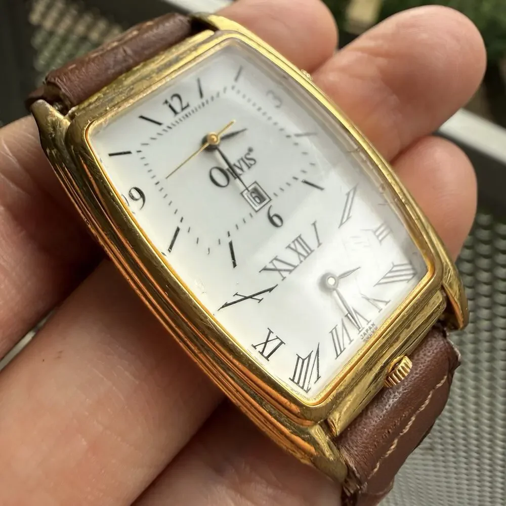 Vintage Orvis Dual Time Gold Plated Men’s Dress Wrist Watch Woven Brown Bracelet